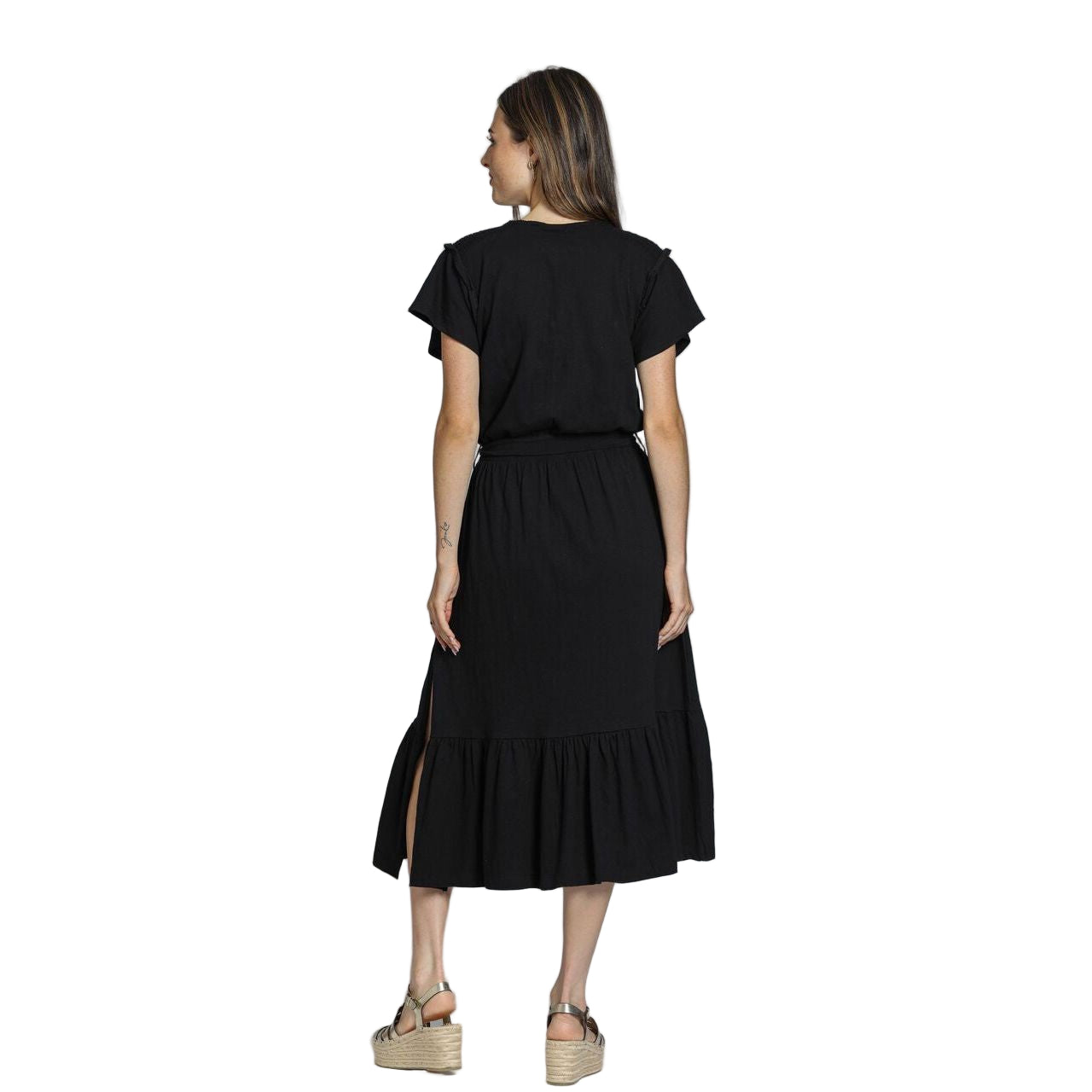 APNY Shoulder Smocking Detail Tie Front Solid Black Dress