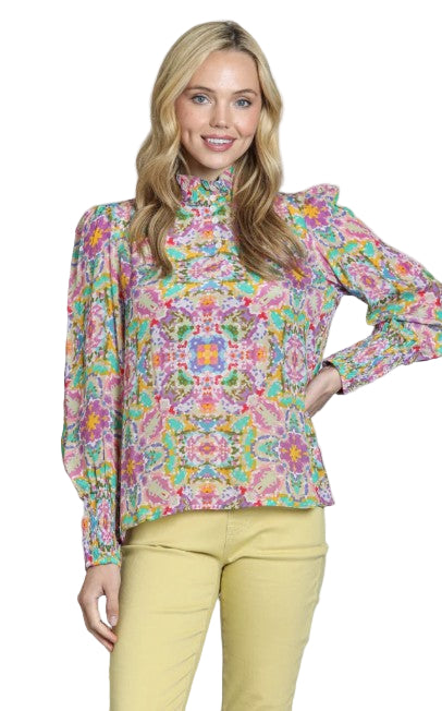 APNY Puff Sleeve Ruched Detail Pink Multi Top