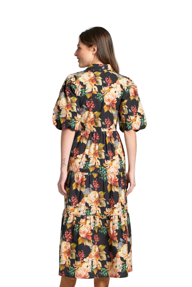 APNY Floral Long Tiered Dress w/Elbow Sleeves V-Neck (T56P/C-064D/CT) (Black Multi)