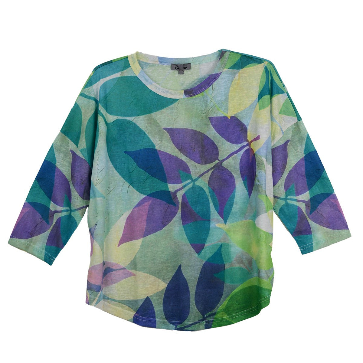 Shana Leaf Print Slub Knit Top (GRN/PURP)