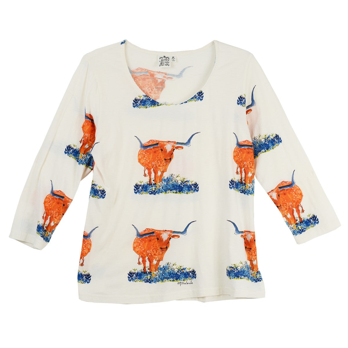 Parsley & Sage Kathleen McElwaine Steer Bluebonnet 3/4 Sleeve Tee (WHT)