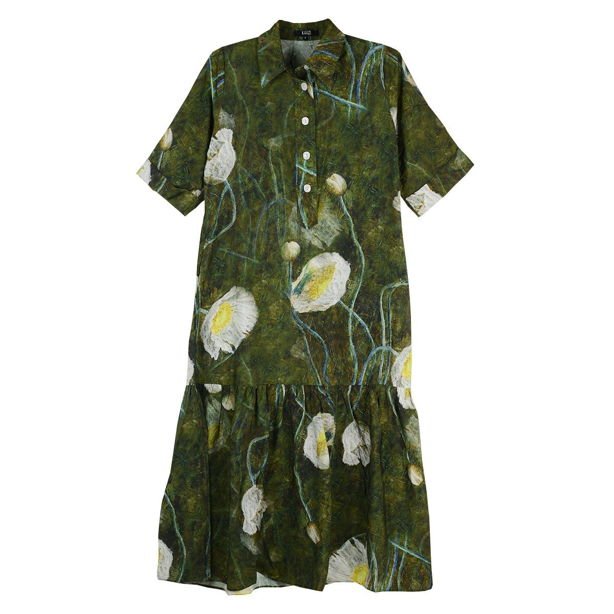 Lior Olive Watercolor Floral Short Sleeve Long Dress (VEGA-18-AR)(OLV)