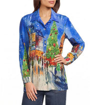 John Mark Woven Print City Scape With Christmas Tree Button Front Long Sleeve Top (J46635BM)(Multi)