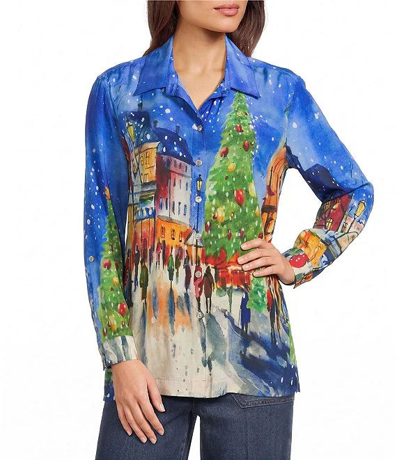 John Mark Woven Print City Scape With Christmas Tree Button Front Long Sleeve Top (J46635BM)(Multi)