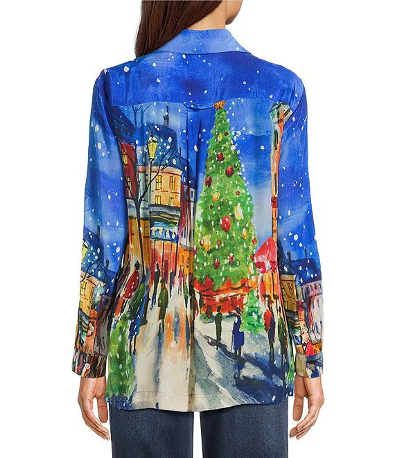 John Mark Woven Print City Scape With Christmas Tree Button Front Long Sleeve Top (J46635BM)(Multi)
