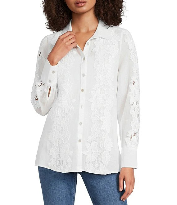 Ali Miles Woven Floral Lace Point Collar Long Sleeve Tunic & Tank (White)(A16222BM)