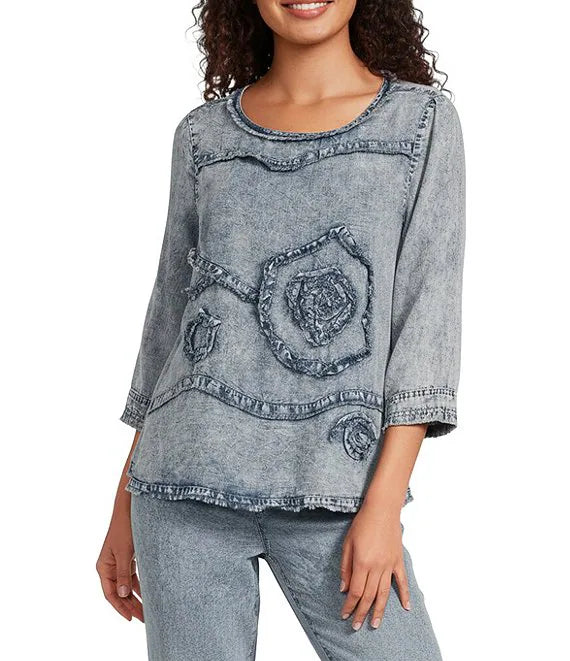 Ali Miles Woven Frayed  Floral  Appliqued Detail 3/4 Sleeve Popover (A16205TM)(Denim)