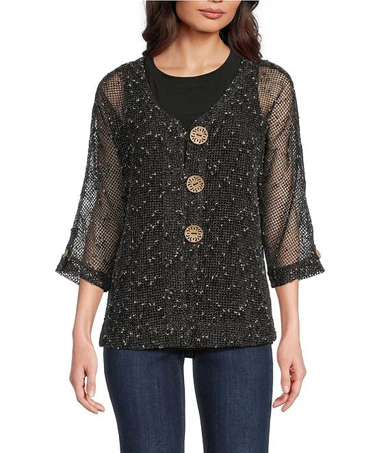 Ali Miles Button Front Woven Mesh Jacket (A55117JM)(Black)