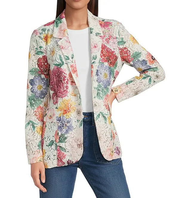 Ali Miles Floral Print Lace Sequin Jacket (A16219JM)