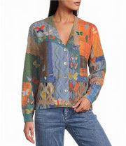 John Mark Knit Patch work Butterfly Mix Print V-Neck Button Front Long Sleeve Cardigan (J46536JM) (Print)