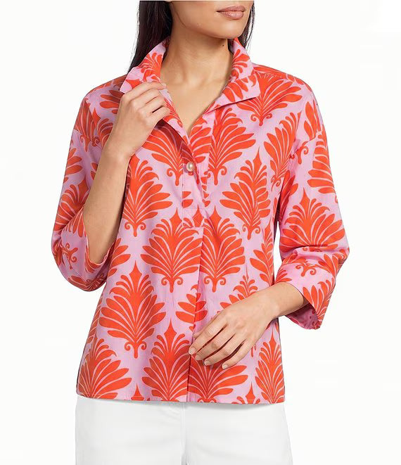 Ali Miles Allover Palm  print Pearl Button Wire Collar Popover (A26614)(Coral Print)