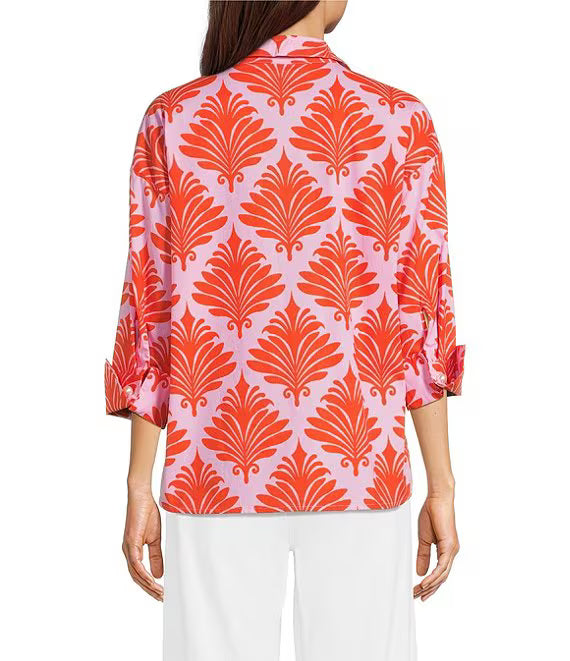 Ali Miles Allover Palm  print Pearl Button Wire Collar Popover (A26614)(Coral Print)