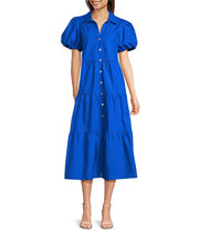 Lior Long Tiered Solid  Dress with Puff Sleeves  (K39) (Electric Blue)