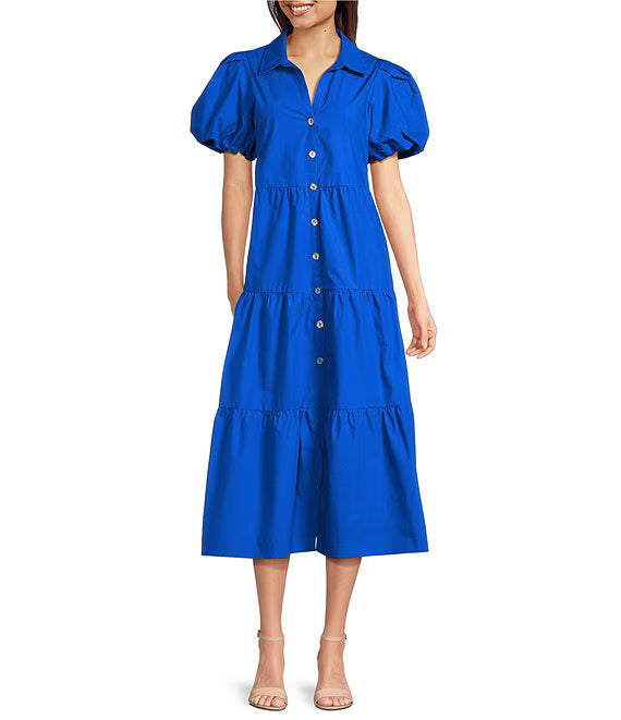 Lior Long Tiered Solid  Dress with Puff Sleeves  (K39) (Electric Blue)