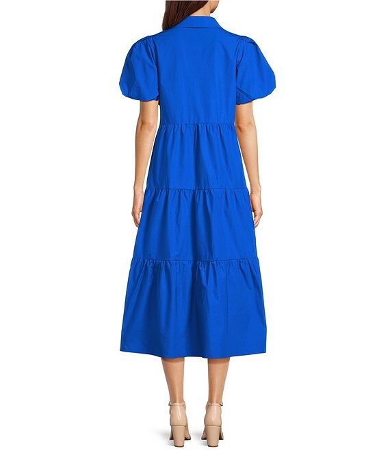 Lior Long Tiered Solid  Dress with Puff Sleeves  (K39) (Electric Blue)