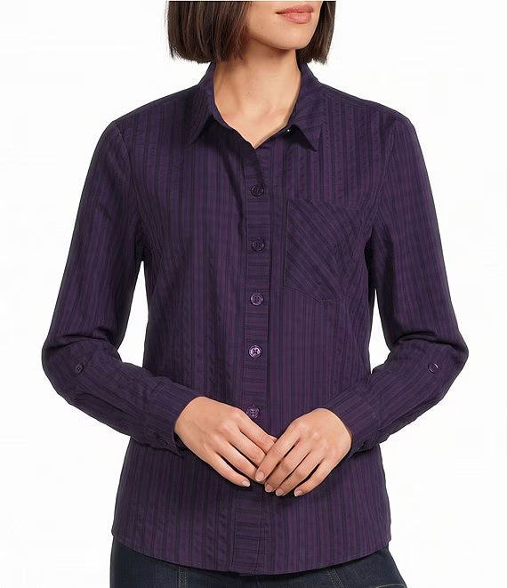 Multiples Petite Woven Roll Tab Long Sleeve Button Front Patch Pocket Shirt  (M466507BP) ( 2 Colors )