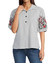 Ali Miles Woven Yarn Dye Button Front Embroidered Hearts Blouse (Multi Stripe)(A16231BM)