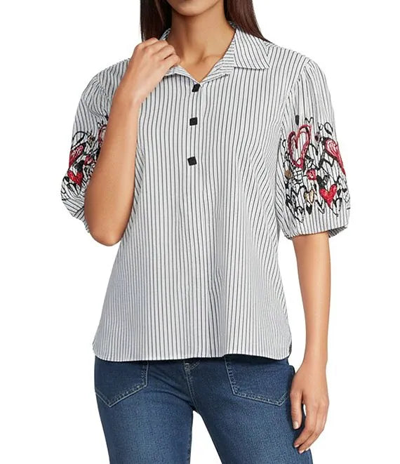 Ali Miles Woven Yarn Dye Button Front Embroidered Hearts Blouse (Multi Stripe)(A16231BM)