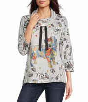 Ali Miles French Terry Abstract  Dog Print Drawstring Cowl Neck Popover (A46504TM)(Multi)