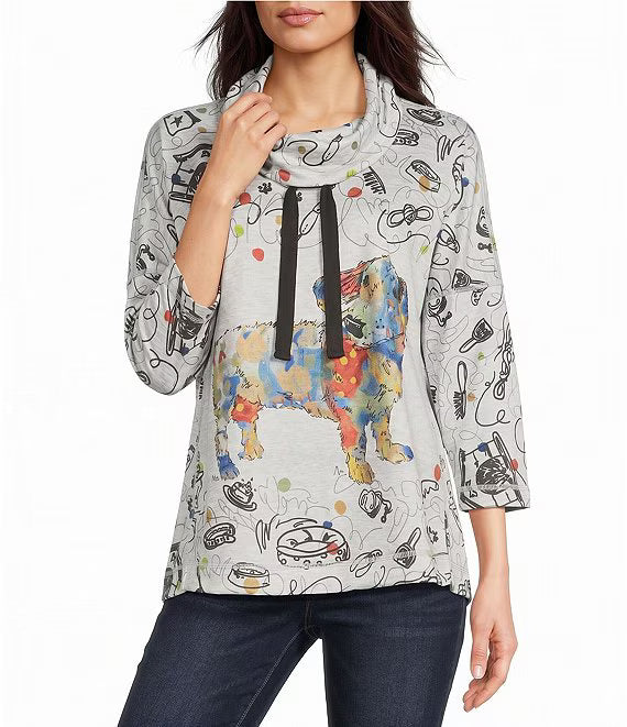 Ali Miles French Terry Abstract  Dog Print Drawstring Cowl Neck Popover (A46504TM)(Multi)