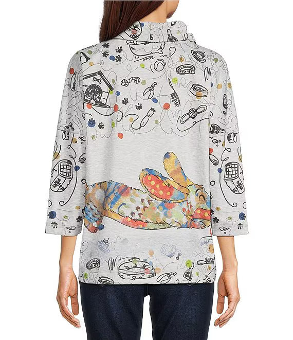 Ali Miles French Terry Abstract  Dog Print Drawstring Cowl Neck Popover (A46504TM)(Multi)