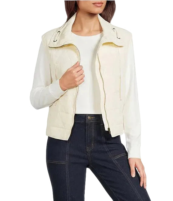Multiples Woven Two Pocket, Waist Zip, Thru Drawstring Collar Vest (M46109VM) (Winter White)