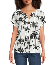 Ali Miles Woven Palm Tree Popover Short Sleeve Top (A26533TM)(Black Print)