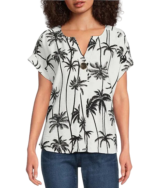 Ali Miles Woven Palm Tree Popover Short Sleeve Top (A26533TM)(Black Print)