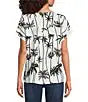 Ali Miles Woven Palm Tree Popover Short Sleeve Top (A26533TM)(Black Print)