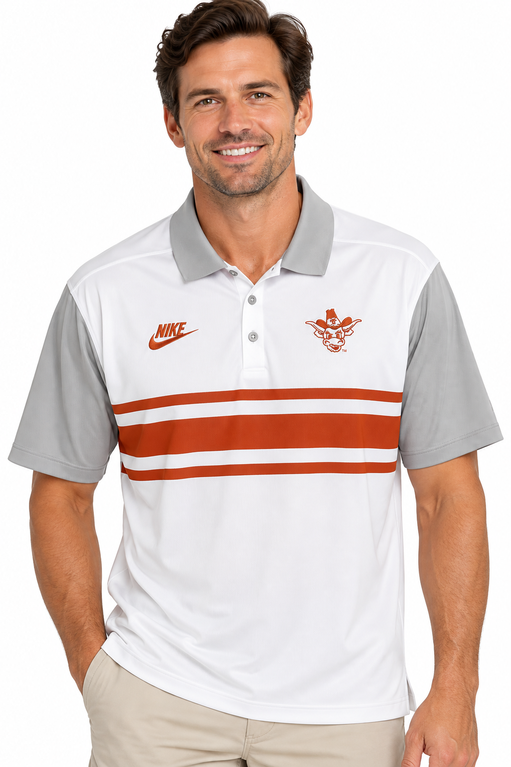 Texas Longhorn Nike Men's Vapor Stripe Vintage Bevo Polo (WHT/ORNG/GRY)(00HT-0DT4-TXV-7LH)