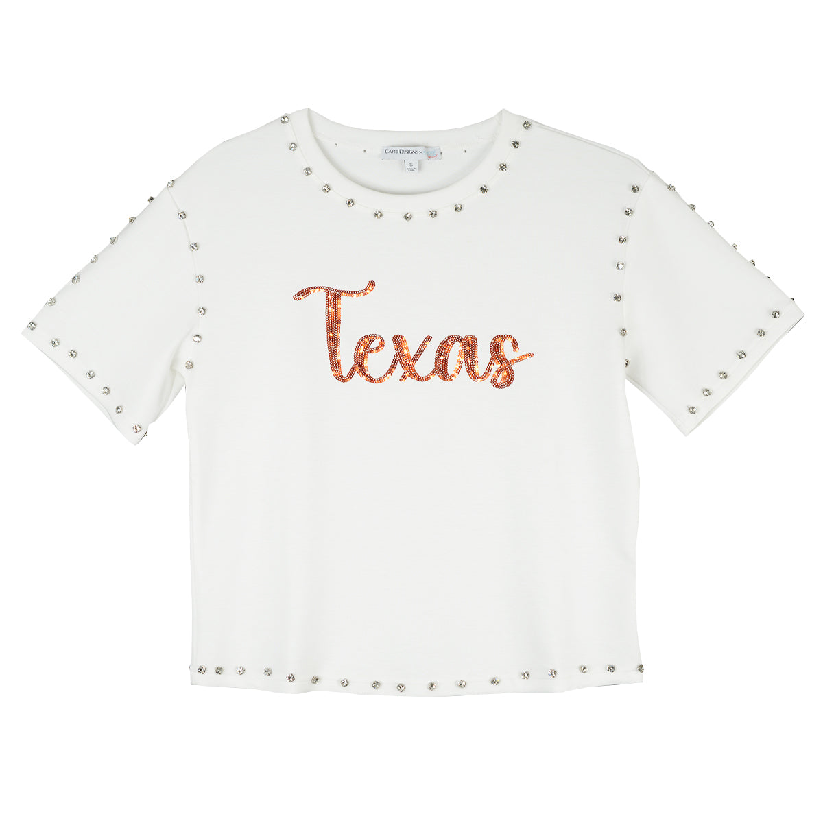 Texas Longhorn Capri Designs Sequin Script Jeweled Short Sleeve Tee (KW11TEX2408)(Off White)