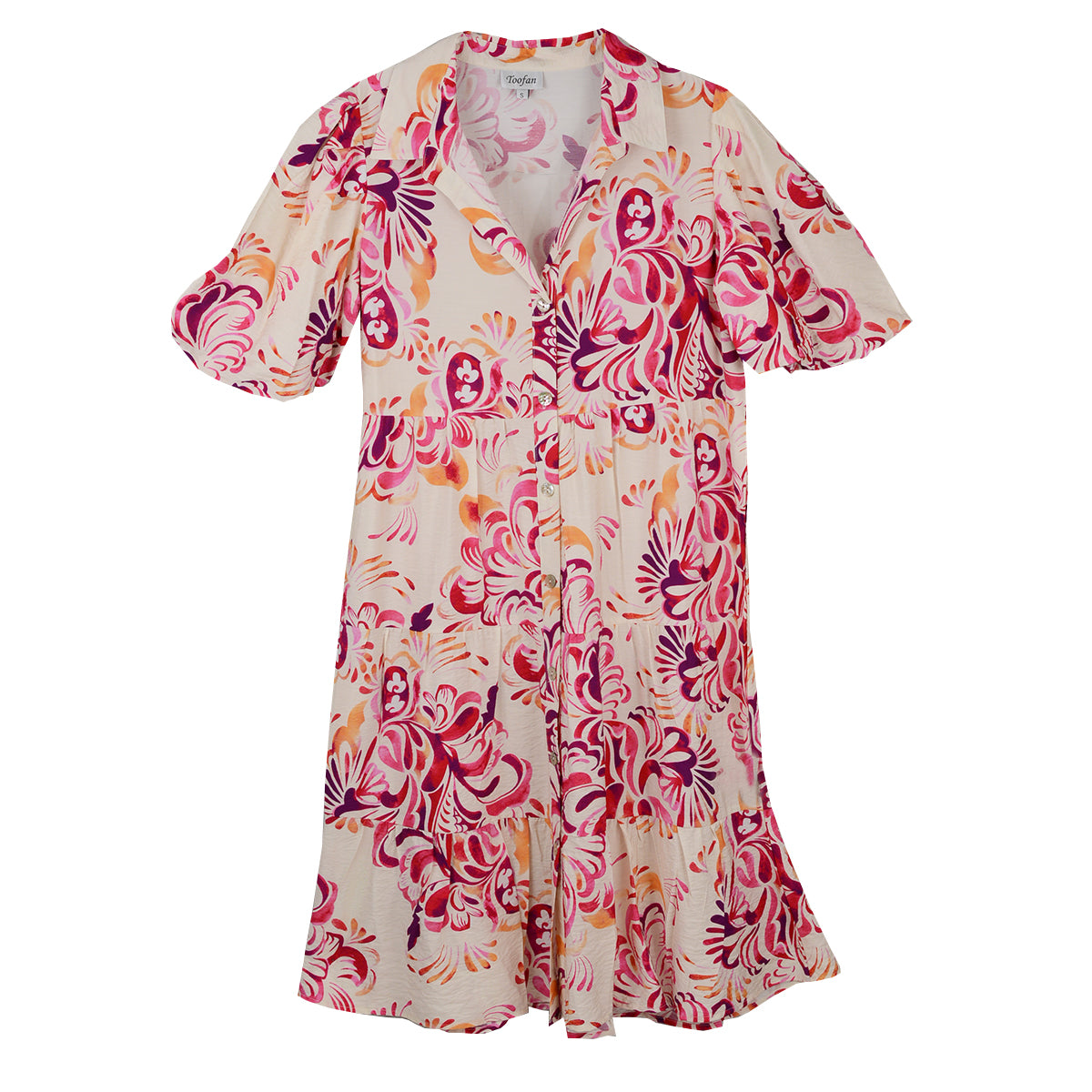 Toofan Bubble Sleeve Floral Print Tiered Dress(DP40-99)(Multi )