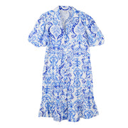 Toofan Bubble Sleeve Floral Print Tiered Dress(DP40-99)(Blue )