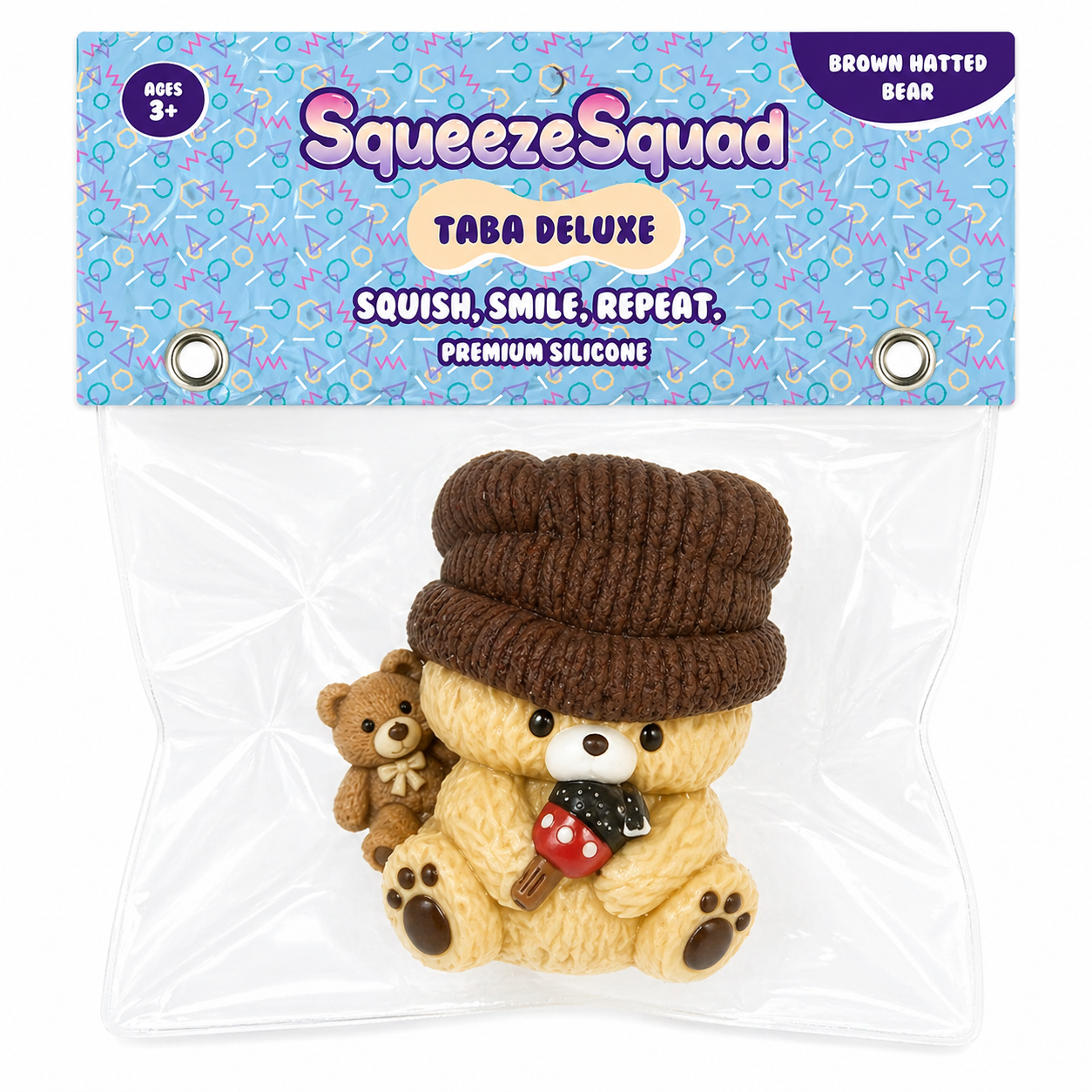 SqueezeSquad Taba Deluxe Premium Silicone Squishy Fidget Toy - Brown Hatted Bear