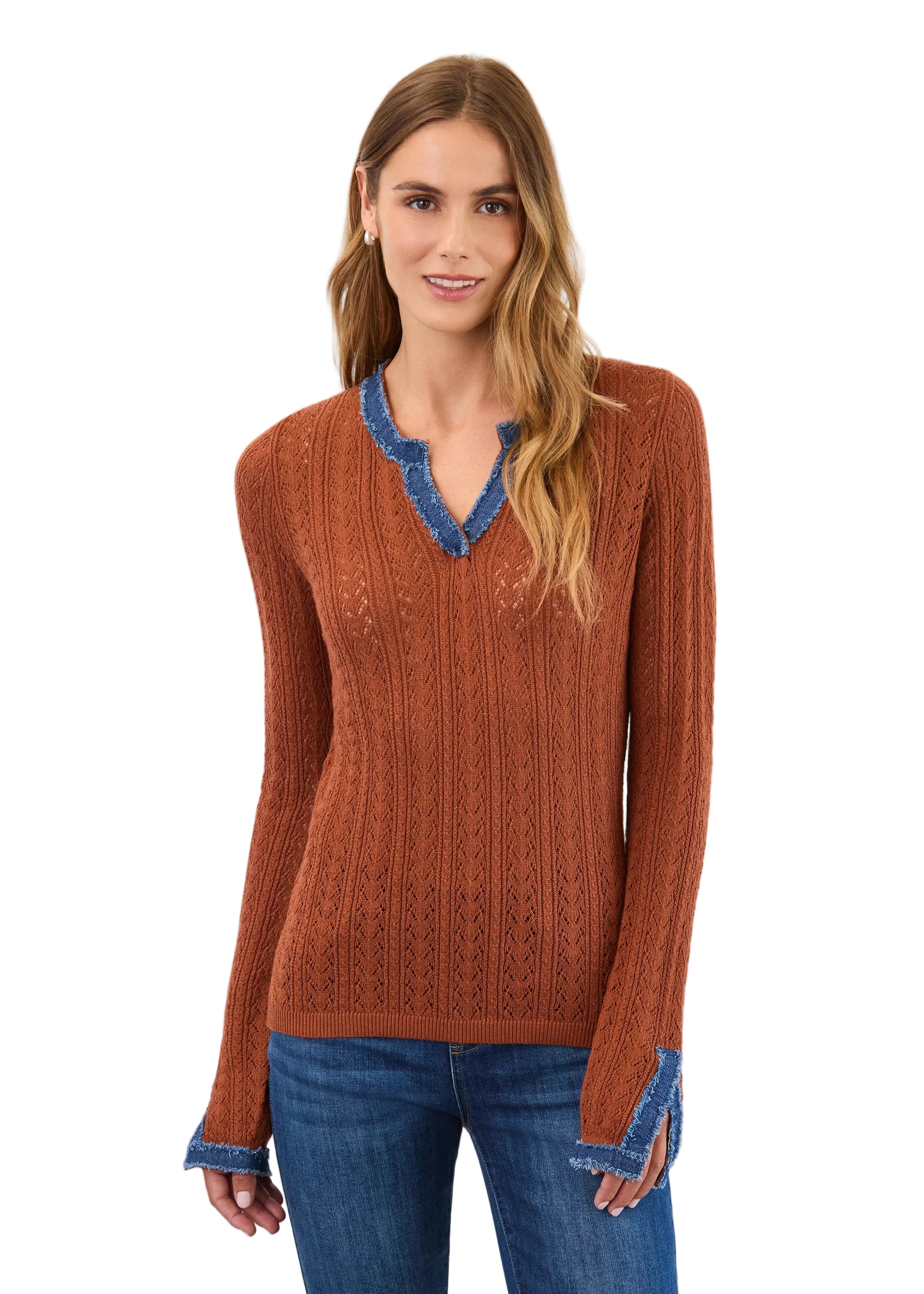 FDJ French Dressing Pointelle Fine Gauge Long Sleeve Sweater (1045114)(Bronze Denim)