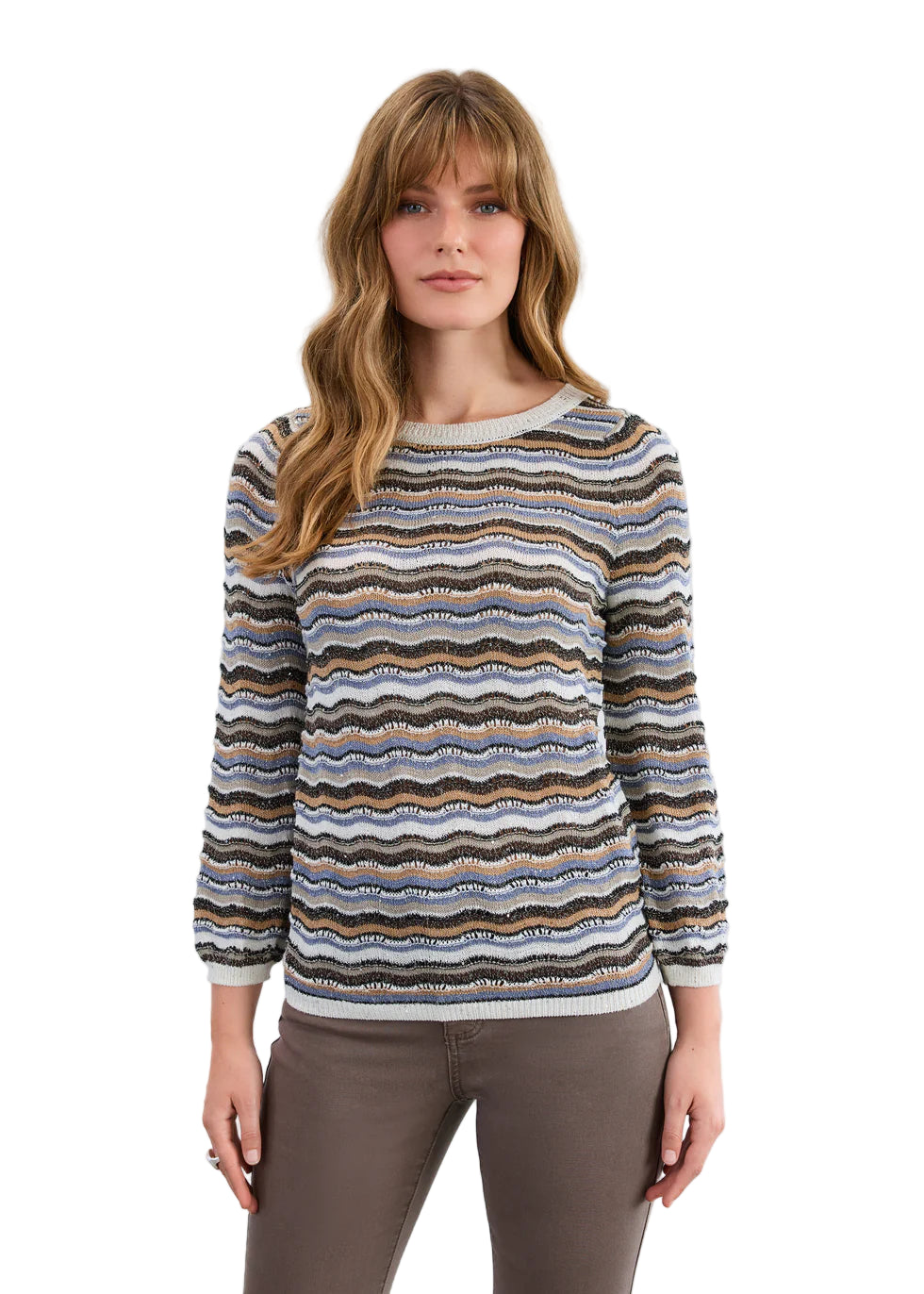 FDJ French Dressing 3/4 Sleeve Wave Stitch Soho Stripe Ottoman Textured  Sweater (1228526)