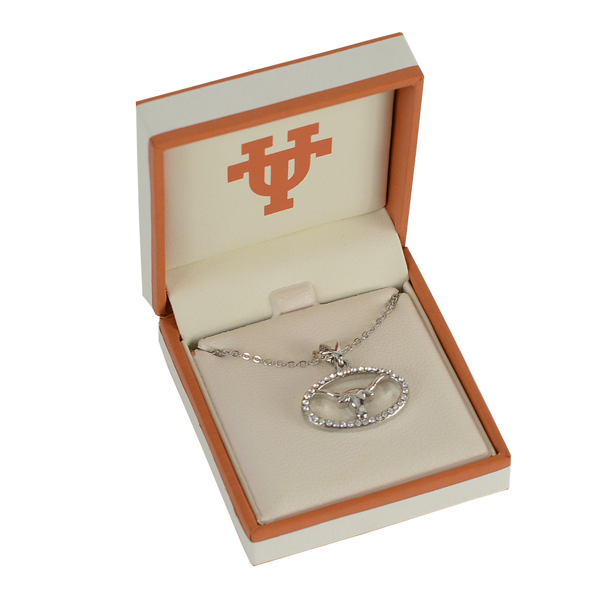 Texas Longhorn Rhodium Crystal Oval With Logo Drop Necklace (S45703)