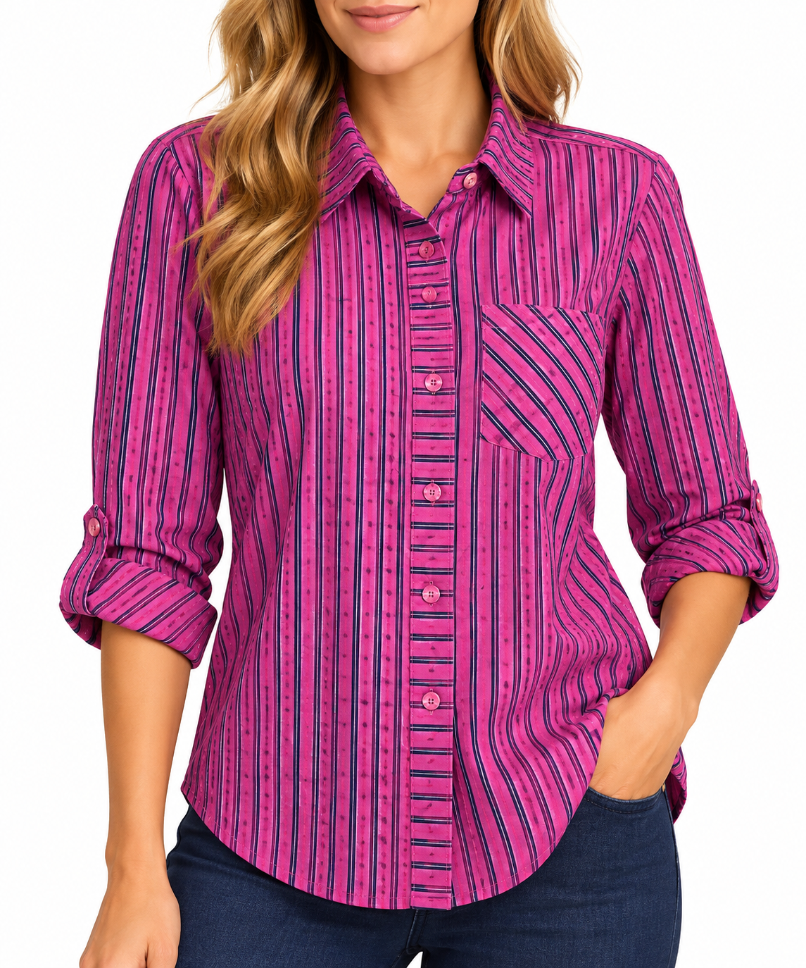 Multiples Petite Woven Roll Tab Long Sleeve Button Front Patch Pocket Shirt  (M466507BP) ( 2 Colors )