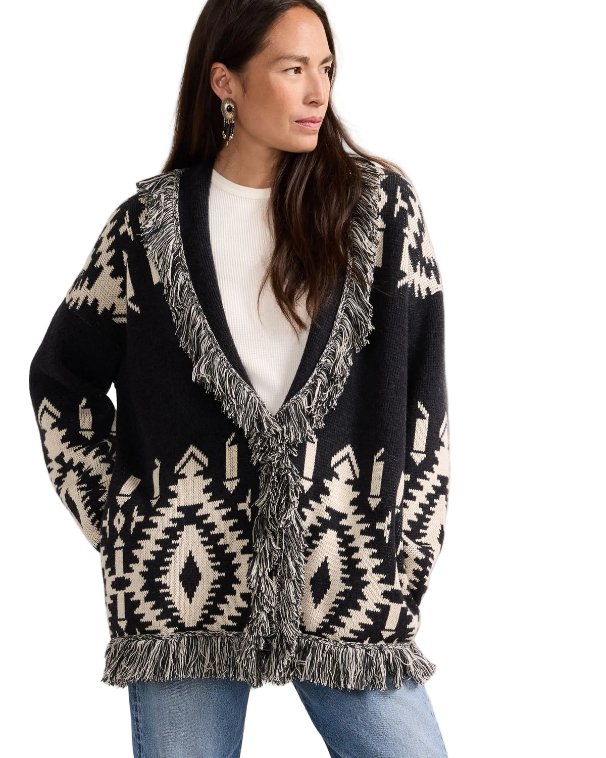 Pendleton Women's Graphic Fringe Lapel Cardigan (TC0175) (Black/Ivory)