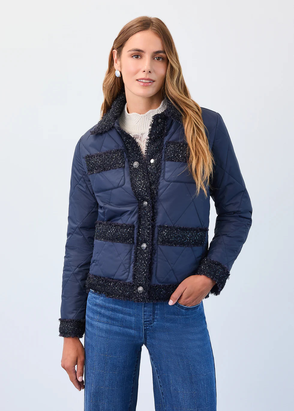 FDJ French Dressing Quilted Sparkle Tweed Jacket (Indigo)