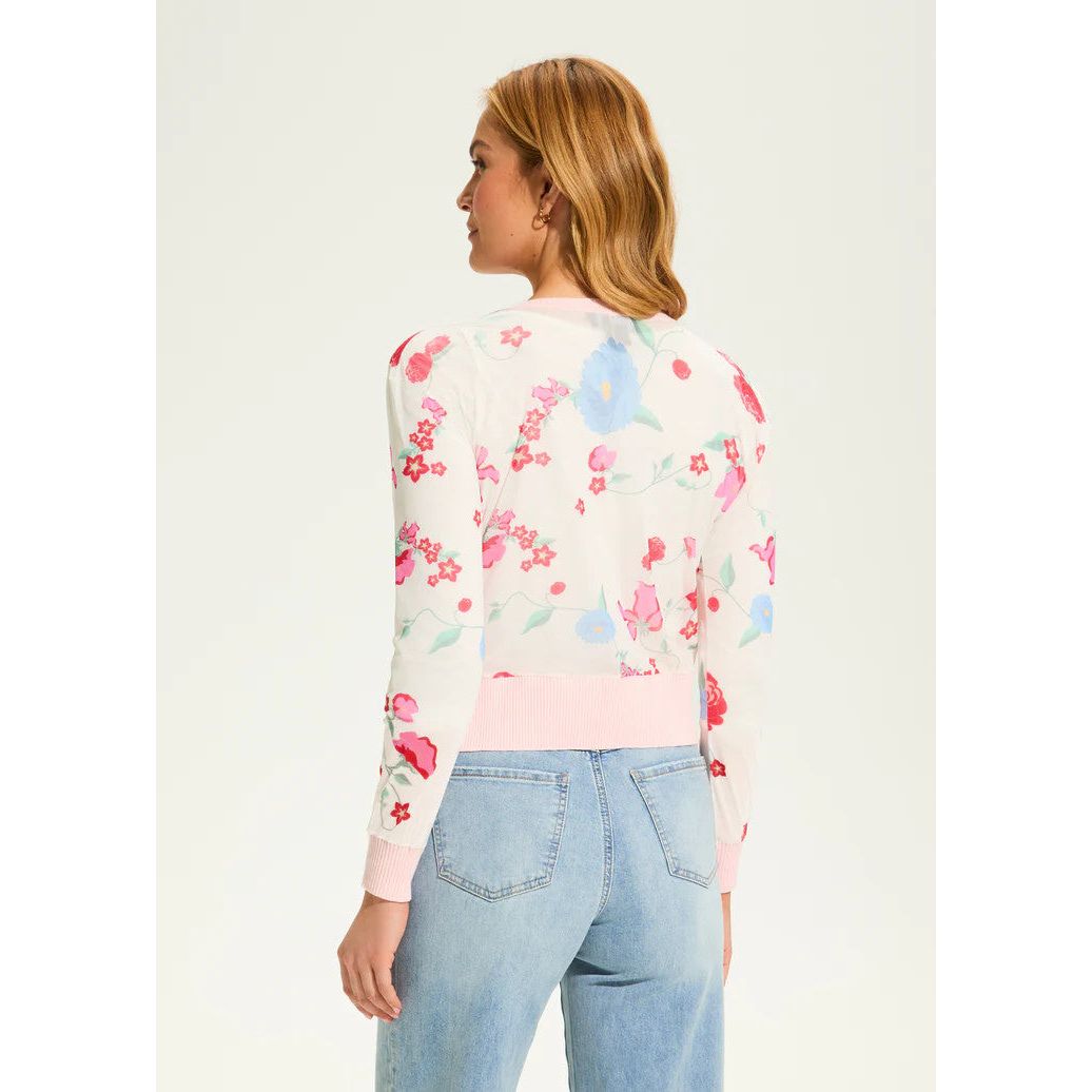 FDJ French Dressing Strawberry Flowers Print Mesh Accent Cardigan
