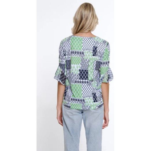 Multiples Geo Multi Flounce Sleeve Scoop Neck Top