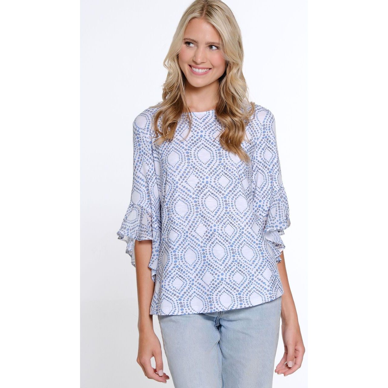 Multiples Print Flounce Sleeve Scoop Neck Top