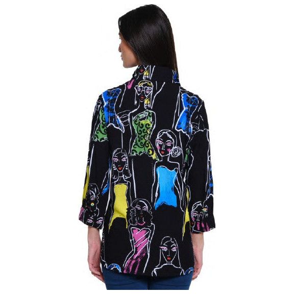 Ali Miles Printed Faces Button Front Wire Collar Shirt (BLK/MULTI)