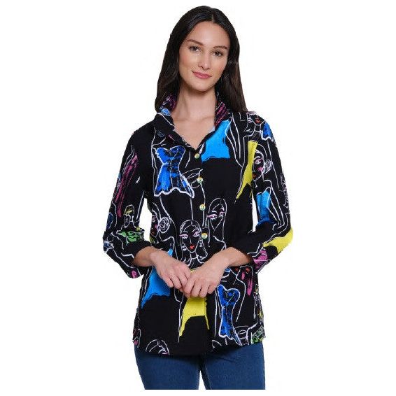 Ali Miles Printed Faces Button Front Wire Collar Shirt (BLK/MULTI)
