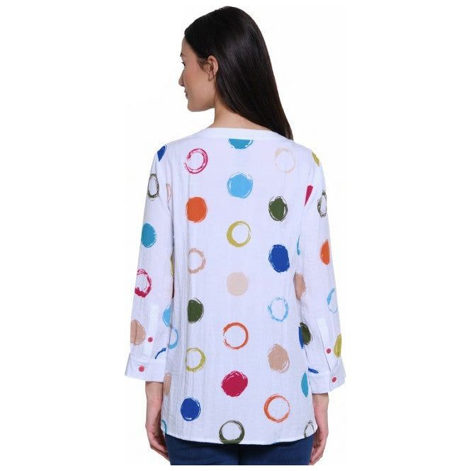 Ali Miles Dot Mandarin Collar Pop-Over Top