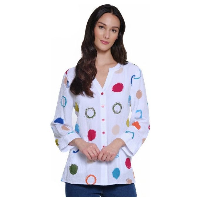 Ali Miles Dot Mandarin Collar Pop-Over Top