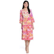 John Mark Pink Tropical Print Embroidered Neck Line Ruffle Sleeve Dress (J15364DM)