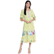 John Mark Green Print Embroidered Neckline Cinch Sleeve Dress (J15365DM)