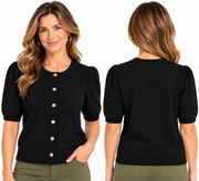 APNY Short Puff Sleeve Button Front Cardigan Sweater (SW206) (Black)
